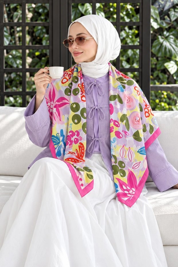 Lilyum Garden Pattern Pink-Lilac Soft Scarf 90X90 cm