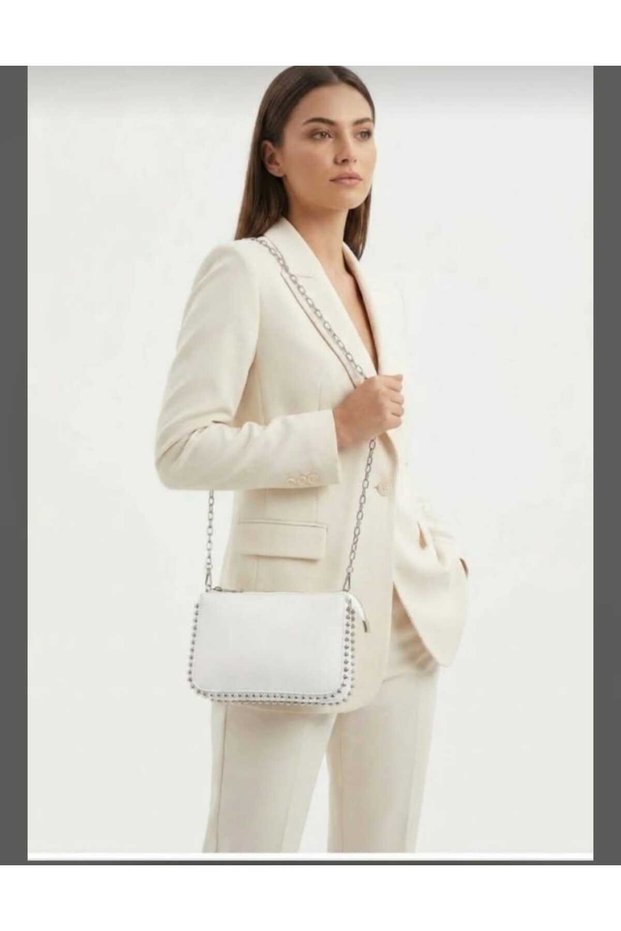 Women's White 3-Compartment Chain-Strap Crossbody Handbag with Stone Details.