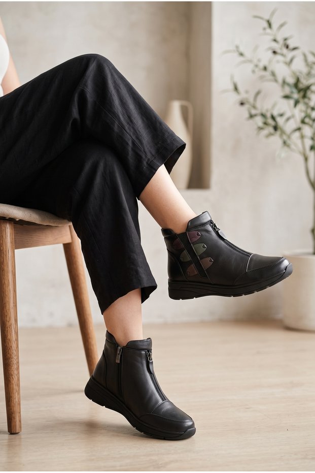 Genuine Leather Front Zippered Comfort Casual Boots with Colorful Details