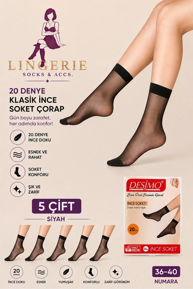 20 Den Thin Socks 5 Pairs-Black