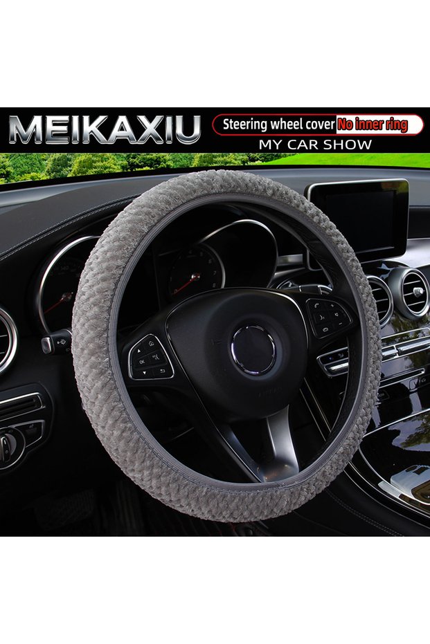 GRAY Women's Winter Plush Steering Wheel Cover Soft Elastic Short Fur Hand-Warming Car Accessory wit
