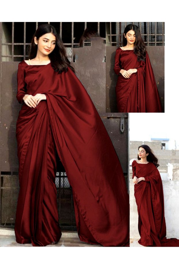 Maroon Shamoz Pure Silk Stitched Saree Set - LZF1002 | Maroon