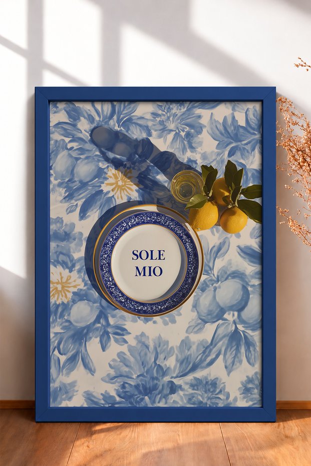 Sole Mio Written Plate and Lemons Framed Painting Italy Poster Living Room Kitchen Wall Decor Itn065