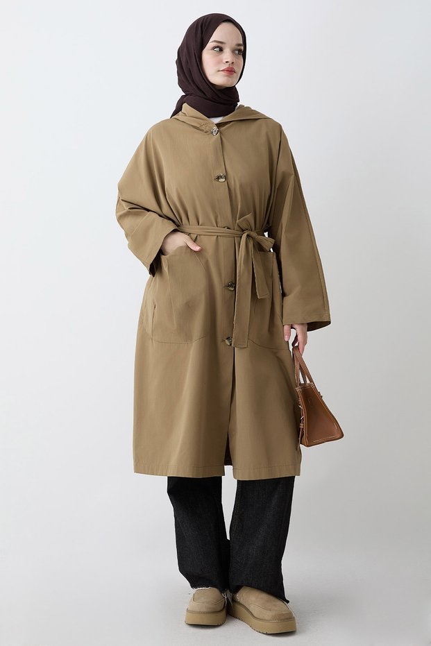 Hooded Belted Camel Trench Coat