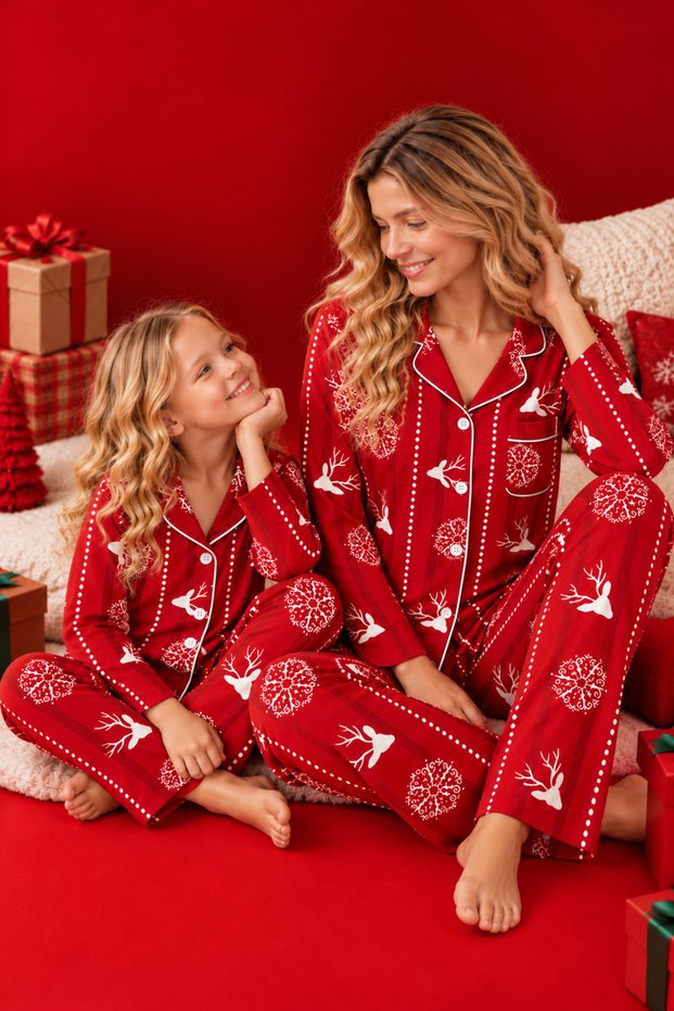 New Year's Pattern Crepe Suede Soft Textured Buttoned Interlaced Mother-Daughter Pajama Set