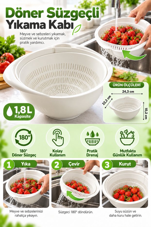 Fruit and Vegetable Washing Container with Rotating Strainer – 1.8 Liter Multi-Purpose Kitchen Strainer White