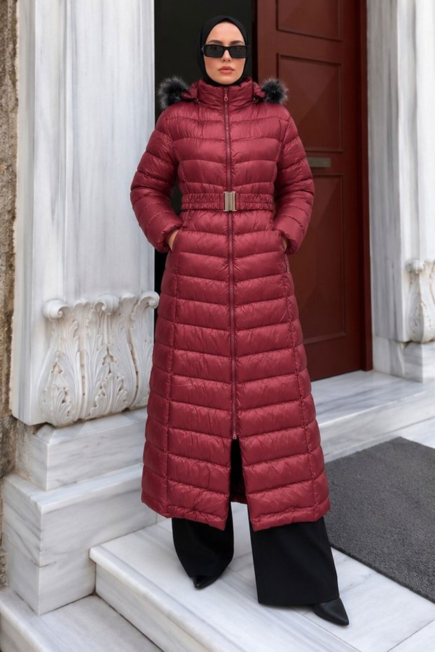 Beli Belted Hooded Long Inflatable Coat Tsd260368 Fuchsia