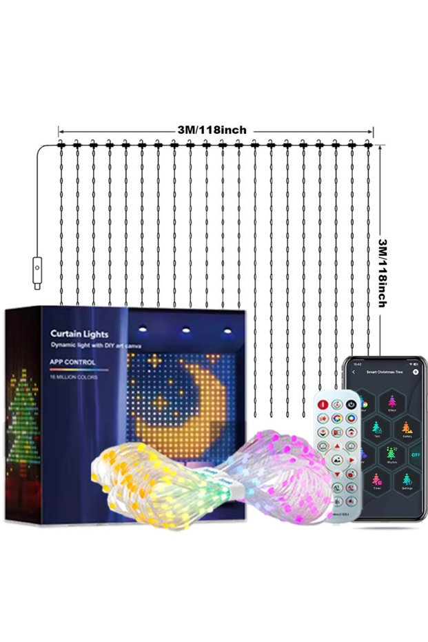 USB 3x3m-400LED Smart LED Curtain Lights, 400 LEDs RGB+IC Color Changing Wall Lights, 6.6x6.6ft Indo