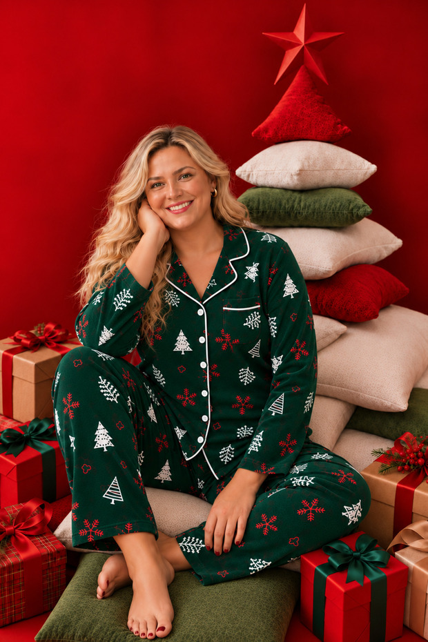 New Year's Pattern Crepe Suede Soft Textured Buttoned Interlaced Large Size Women's Pajama Set