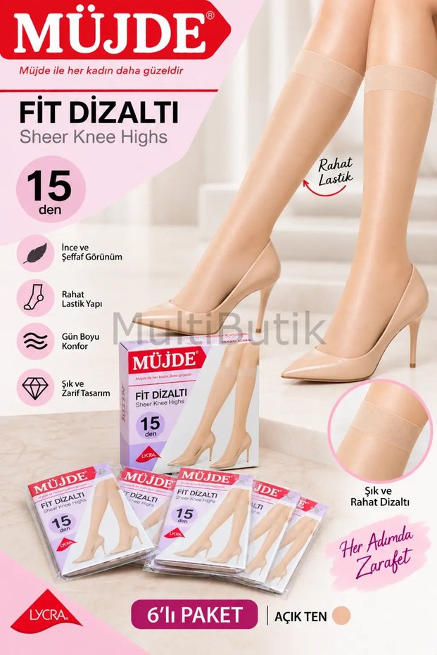 6 Pairs Fit Parlak Super Thin (15 Den) Knee-Length Trouser Socks-Sahra