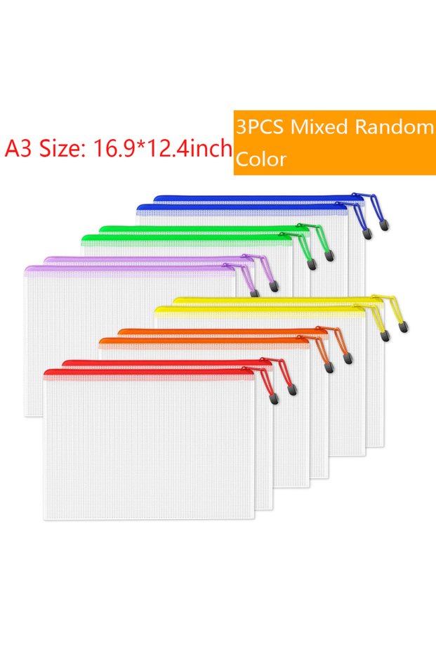 3Pcs A3 Mixed Random Waterproof Mesh Zipper Storage Bag A4/A6/B6/B8 File Document Pockets Bill Bags