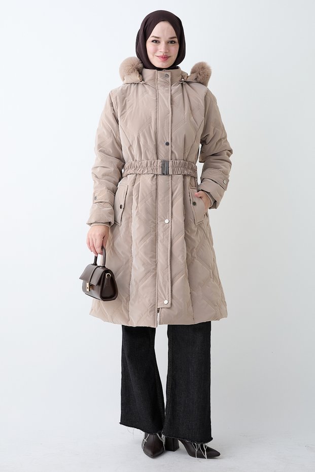 Belted Pocket Detail Milk Coffee Quilted Coat