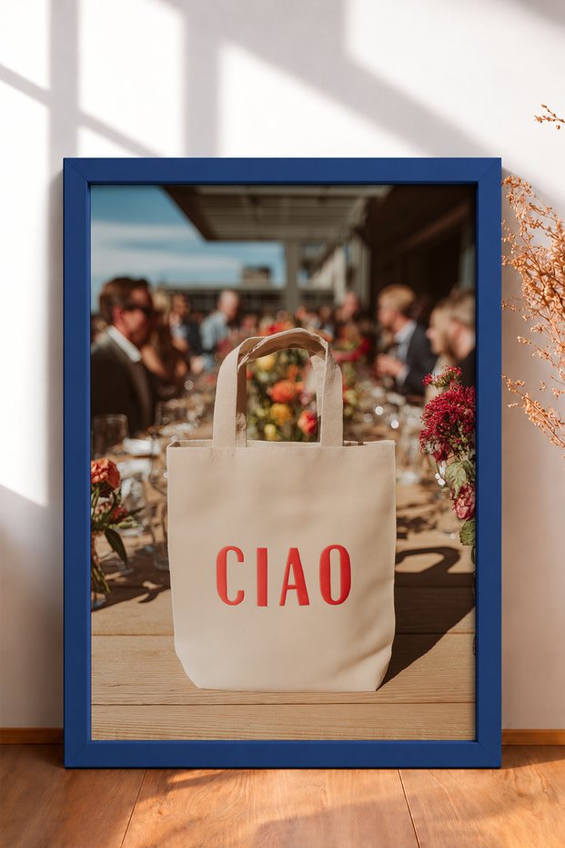 Red Ciao Written Bag and Wooden Table Framed Painting Italy Poster Wall Decor Itn075