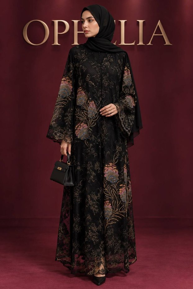 Royale Noir – Luxury Black Floral Embroidered Lace Abaya for Women | Elegant Dubai Modest Occasion Wear