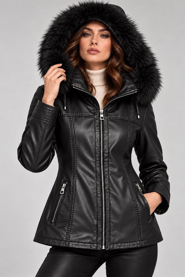 Black Melisa Hooded Genuine Leather Coat
