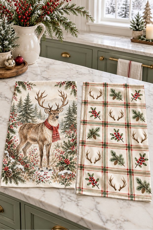 Woodland Deer Pine Tree Brown Cream Plaid Christmas Patterned 2-Piece Kitchen Towel Set 35X55