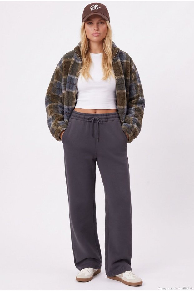 Women's Leo Inside Fleece Textured Straight Cut Thick Anthracite Sweatpants