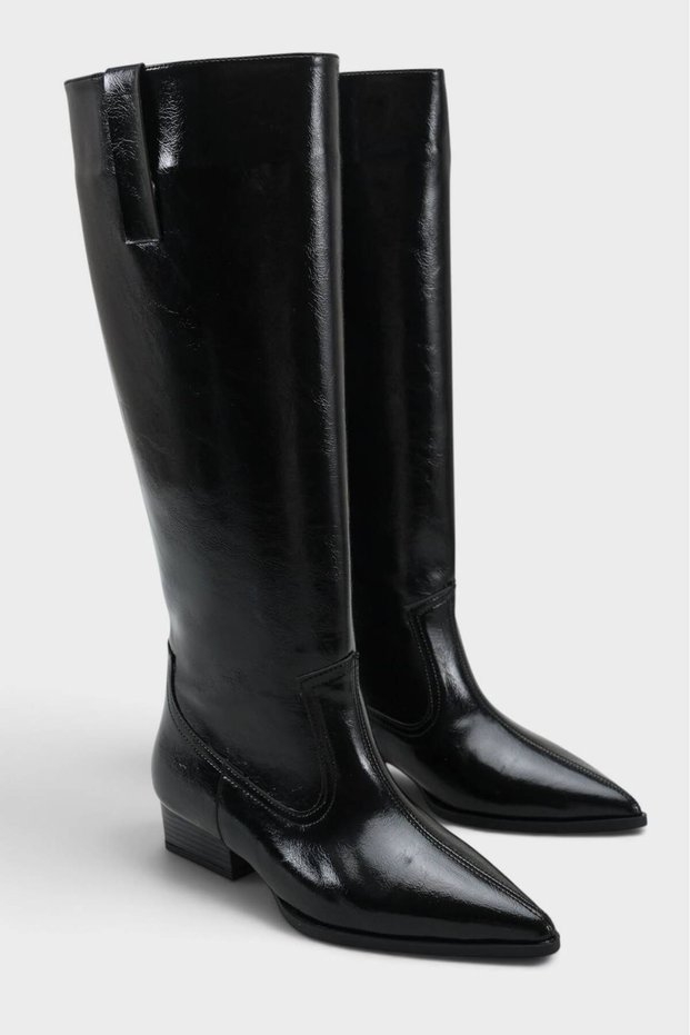 Women's Black Patent Leather Pointed Toe Short Heel Western Boots