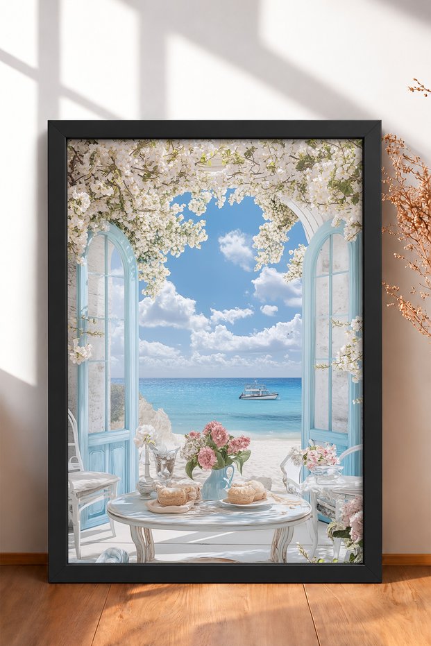 White Flowered Doorway with Sea View Framed Painting Italy Poster Wall Decor Itn112