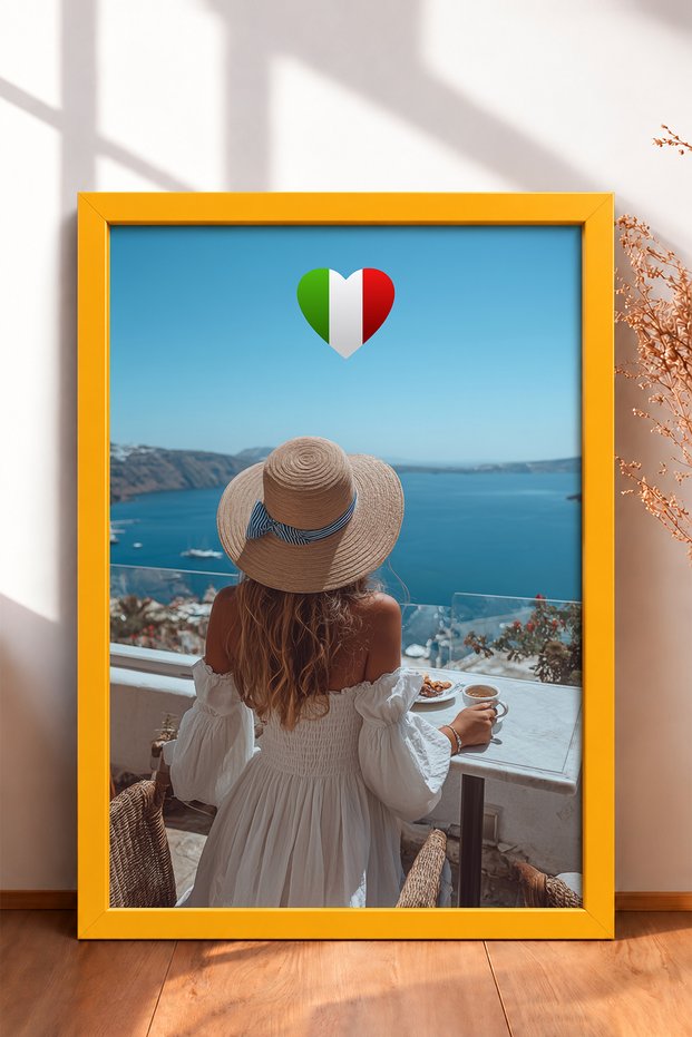 Woman with Straw Hat and Seascape Framed Painting Italy Poster Wall Decor Itn113