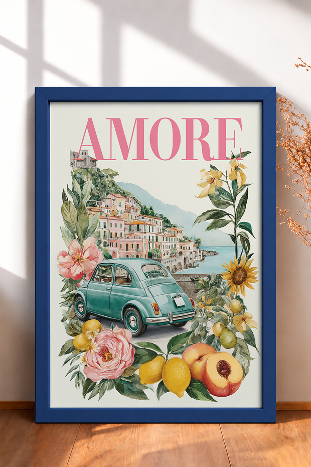 Amore Written Mint Green Classic Car Framed Painting Italy Poster Wall Decor Itn118