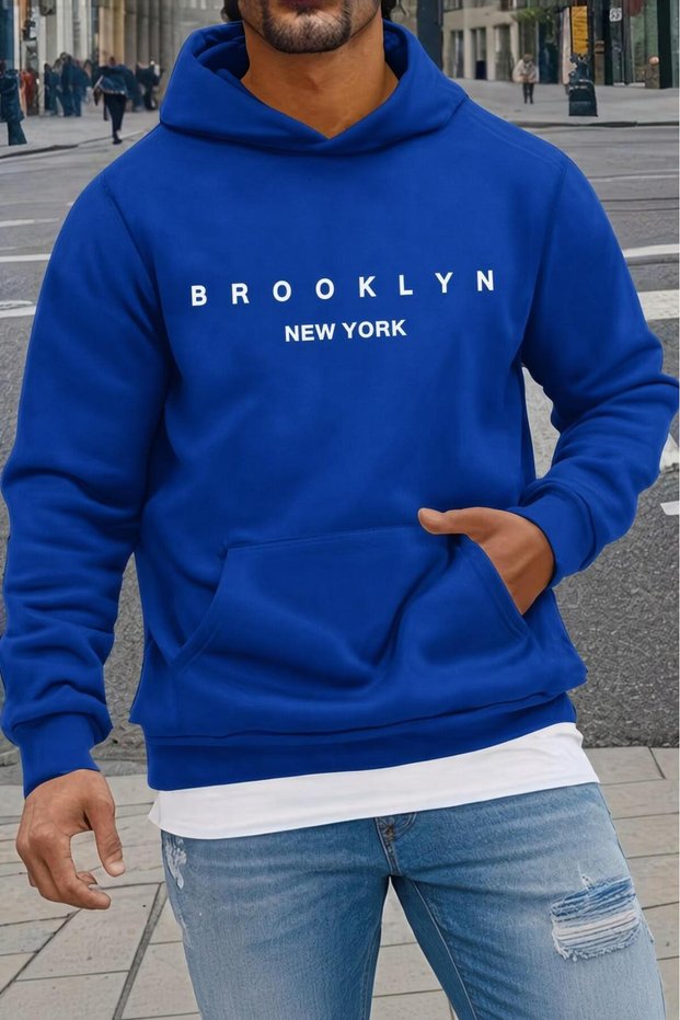 Sw Newyork Brooklyn Printed Two-Thread Cotton Men's Kangaroo Pocket Hooded Sweatshirt / Hoodie