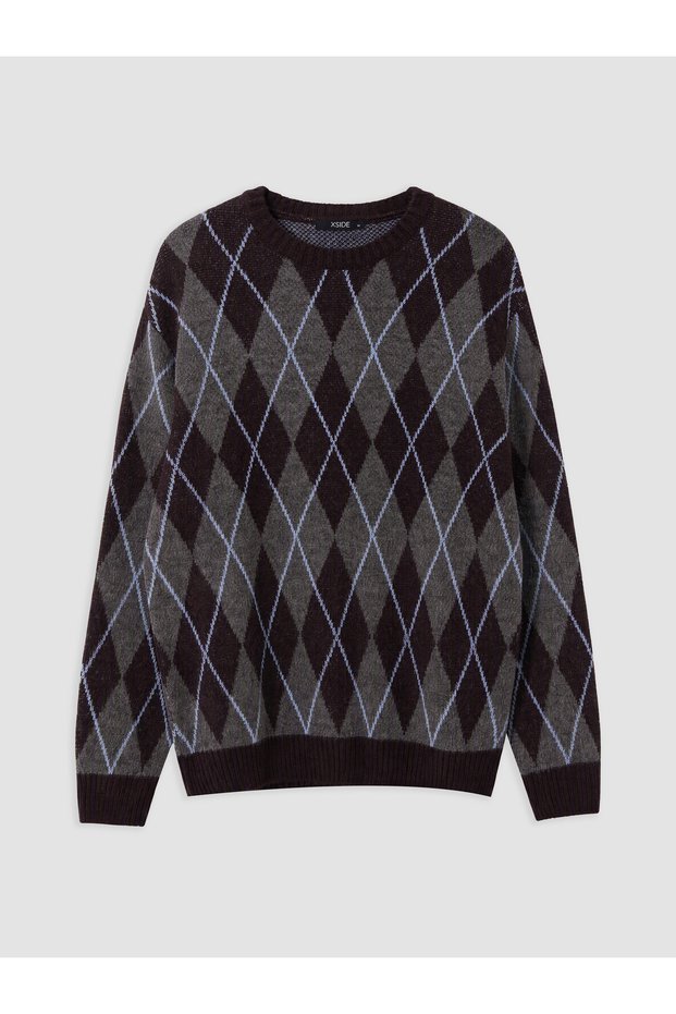 Özmarka New Season Burgundy Crew Neck Patterned Men's Sweater