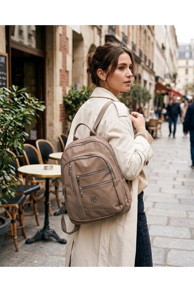 Taupe color 27x33 cm 5-Compartment Women's Backpack with Multiple Pockets CANEDR08