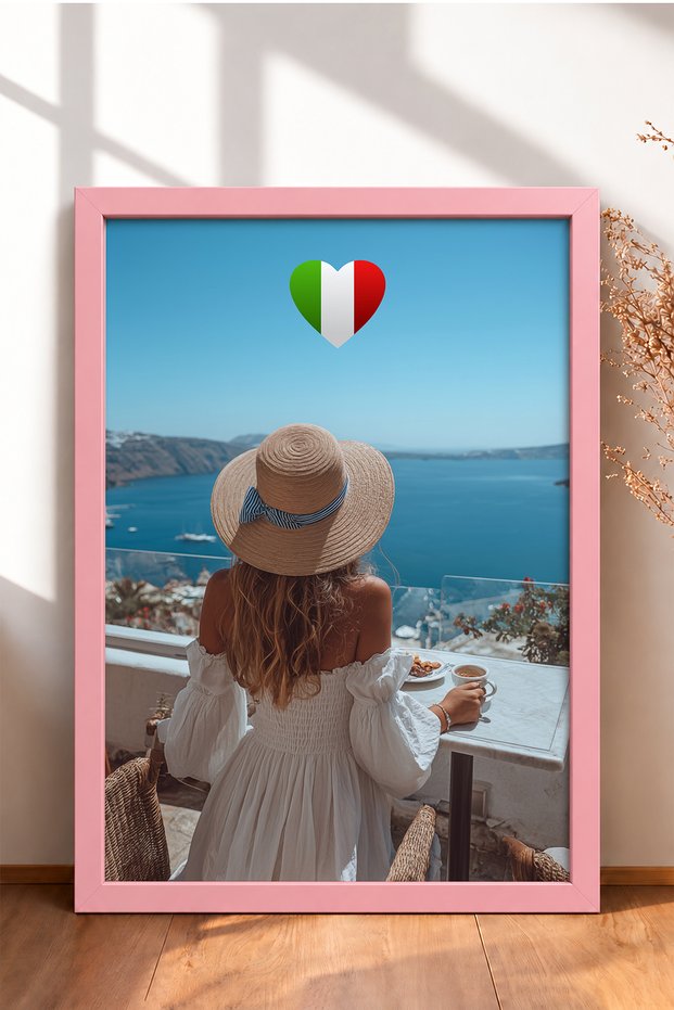 Woman with Straw Hat and Seascape Framed Painting Italy Poster Wall Decor Itn113