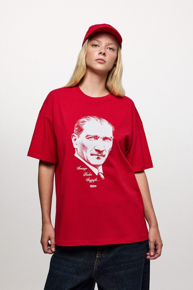 Oversize Crew Neck Ataturk Printed Short Sleeve T-Shirt J0122Ax26Wn