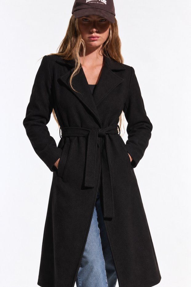 Women's Wide Collar Belted Long Black Coat with Side Pockets