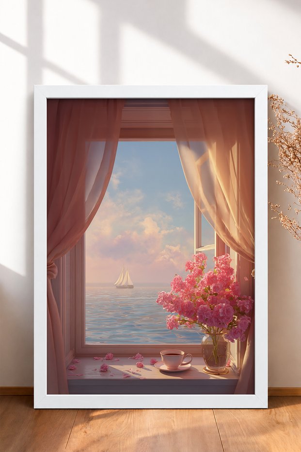 Sea and Sailboats View from the Window Framed Painting Italy Poster Wall Decor Itn110