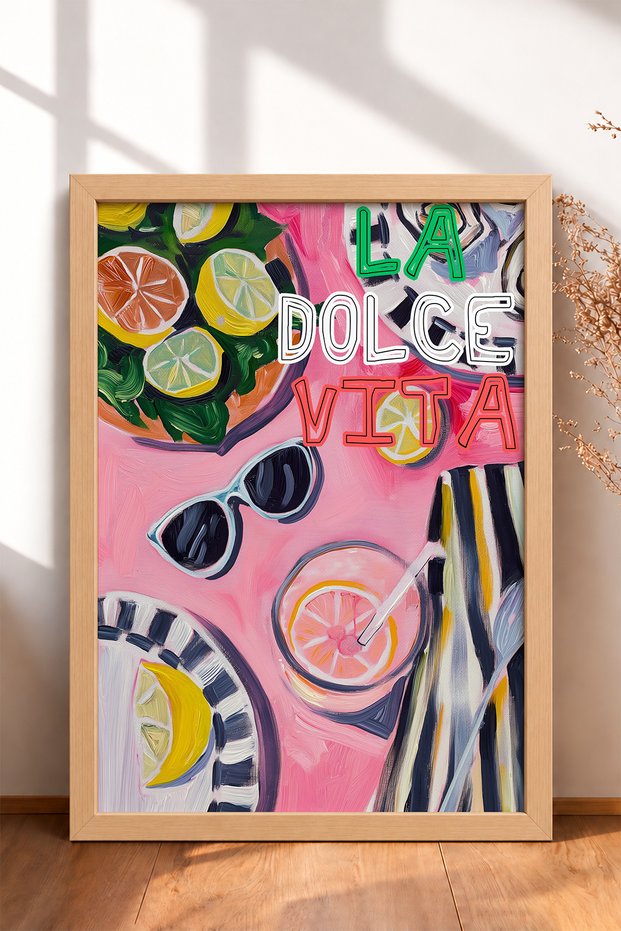 La Dolce Vita Written Pink Tableware Framed Painting Italy Poster Living Room Kitchen Wall Decor Itp004