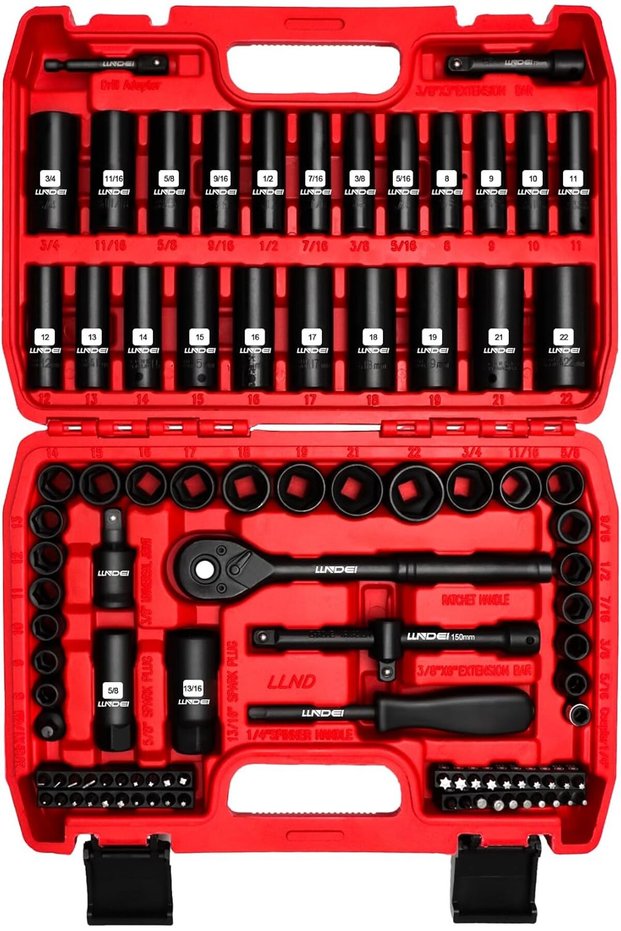 LLNDEI 3/8" Drive Impact Socket Set 95Pcs SAE/Metric