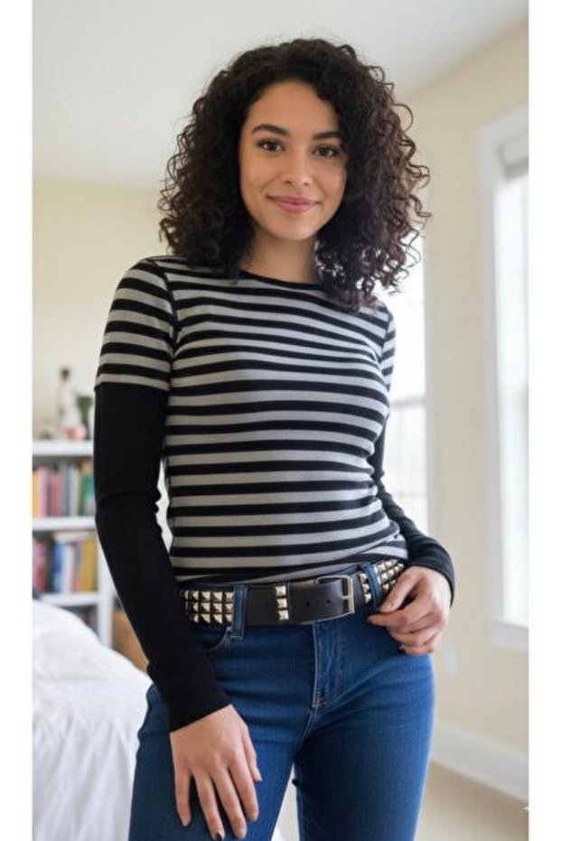 Gray Black Striped Black Sleeved Italian Style Long Sleeve Blouse