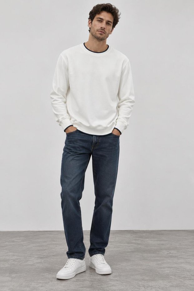 Men's Ecru Crew Neck Striped Modal Fabric Sweatshirt