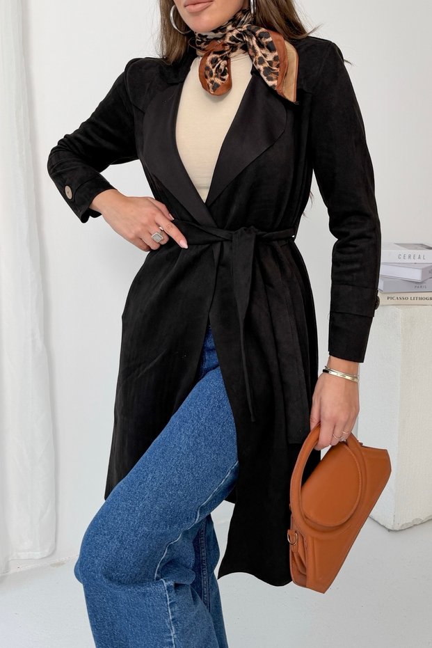 Women's Black Collar Detailed Belted Suede Trench Coat Nj212