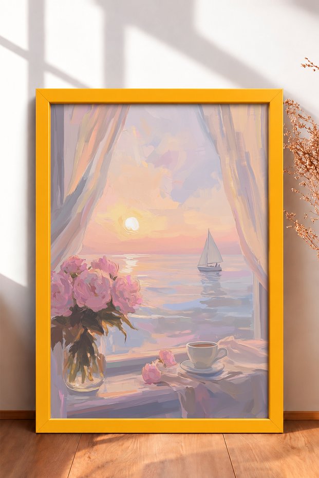 Sunset on a Window with a Poppy Frame Painting Italy Poster Living Room Kitchen Wall Decor Itn111