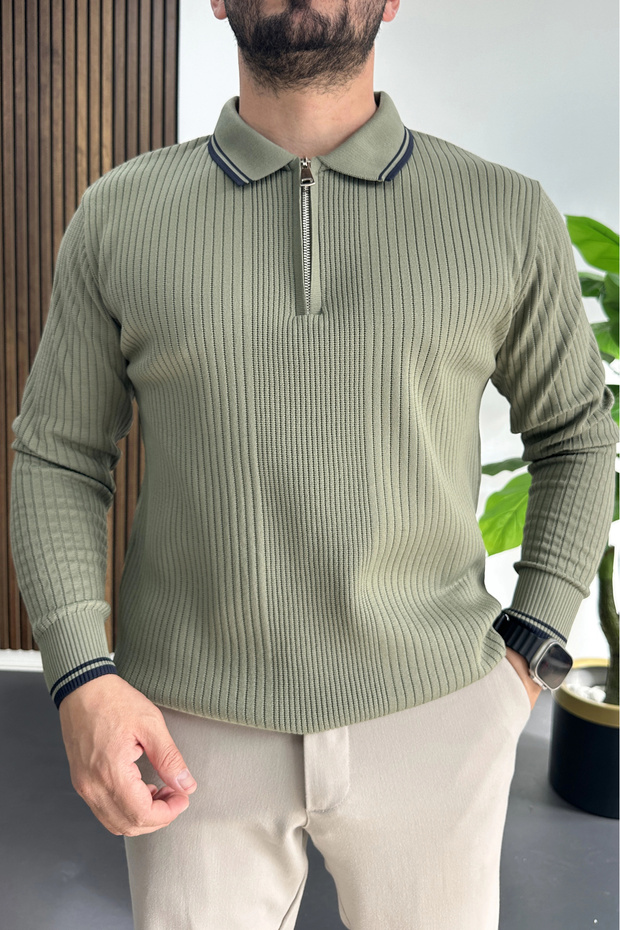 Men's Collar Detailed Zippered Sweater Light Green Edw526