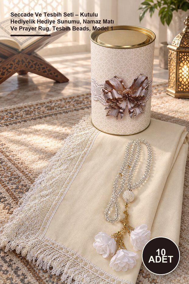 10-Piece Prayer Rug and Prayer Beads Set – Boxed Gift Set, Prayer Mat and Prayer Rug, Prayer Beads, Model 1