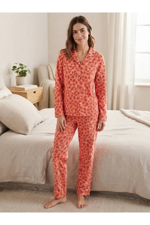 Women's Strawberry Pattern Button down Shirt Collar Long Sleeve Pajama Set