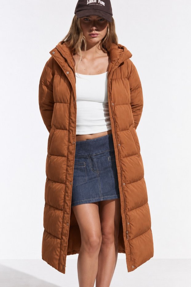 Women's Hooded Long Seasonal Tan Puffer Coat