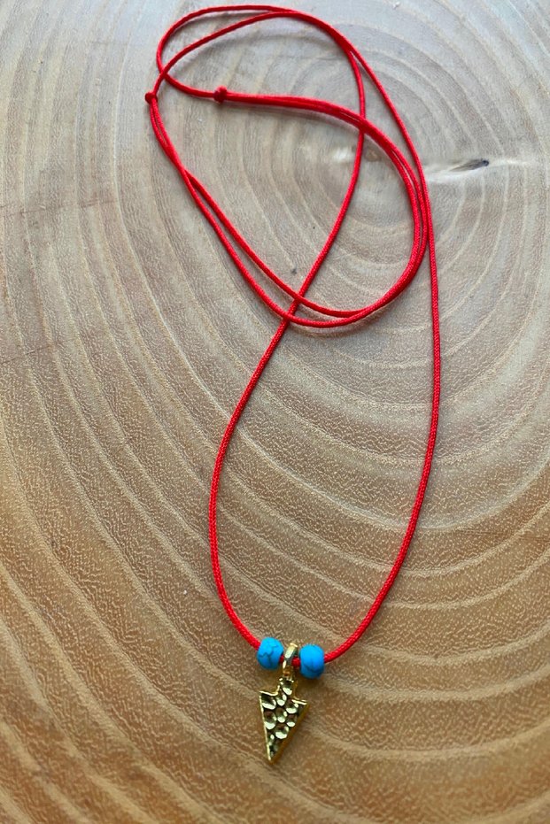 Red String Gold Triangle Object Blue Bead Adjustable Necklace