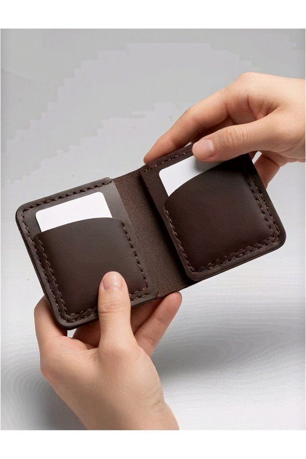 Genuine Leather Snap Fastener Card Holder and Minimalist Wallet (Dual Compartments & Hand-Sewn Detail)