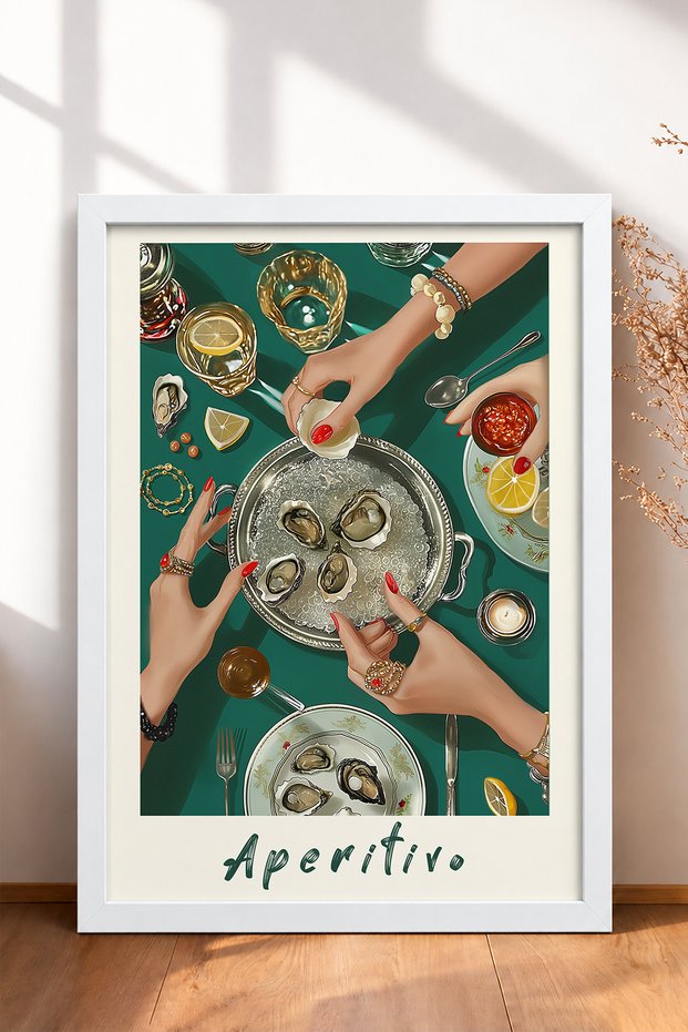 Aperitivo Written Oysters and Glasses Framed Painting Italy Poster Wall Decor Itp026