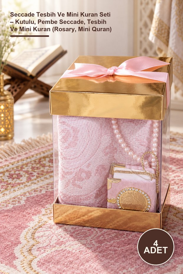4-Piece Prayer Rug, Prayer Beads, and Mini Quran Set – Boxed, Pink Prayer Rug, Prayer Beads, and Mini Quran (Rosary, Mini Quran)