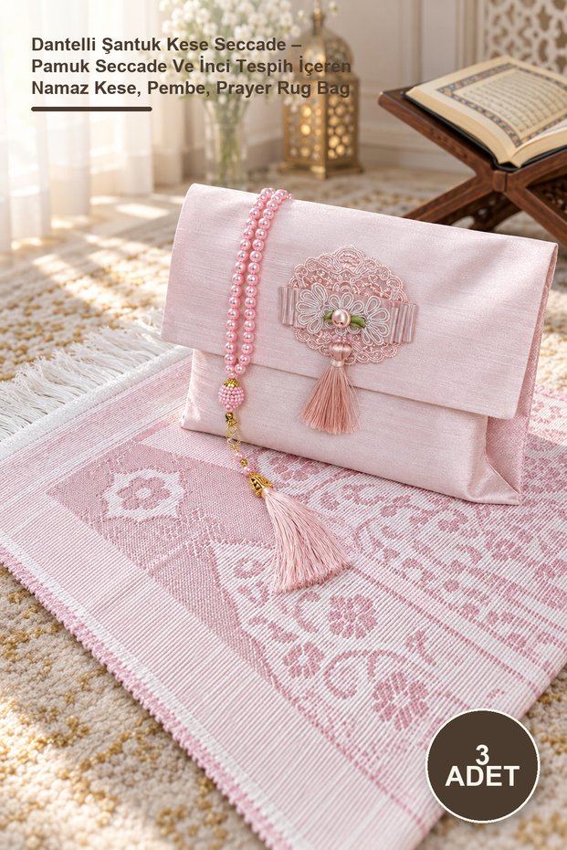 3 Pieces of Lace-Trimmed Prayer Mat Pouch – Prayer Pouch with Cotton Prayer Mat and Pearl Rosary, Pink, Prayer Rug Bag