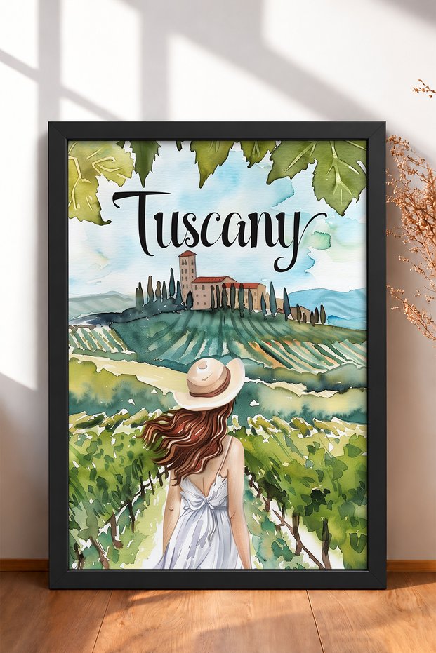 Hatted Woman in Tuscany Countryside Framed Painting Italy Poster Living Room Kitchen Wall Decor Itp031