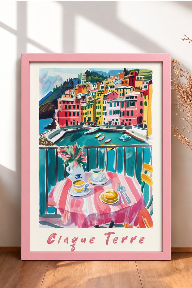 Cinque Terre Balcony Breakfast Framed Painting Italy Poster Living Room Kitchen Wall Decor Itp014