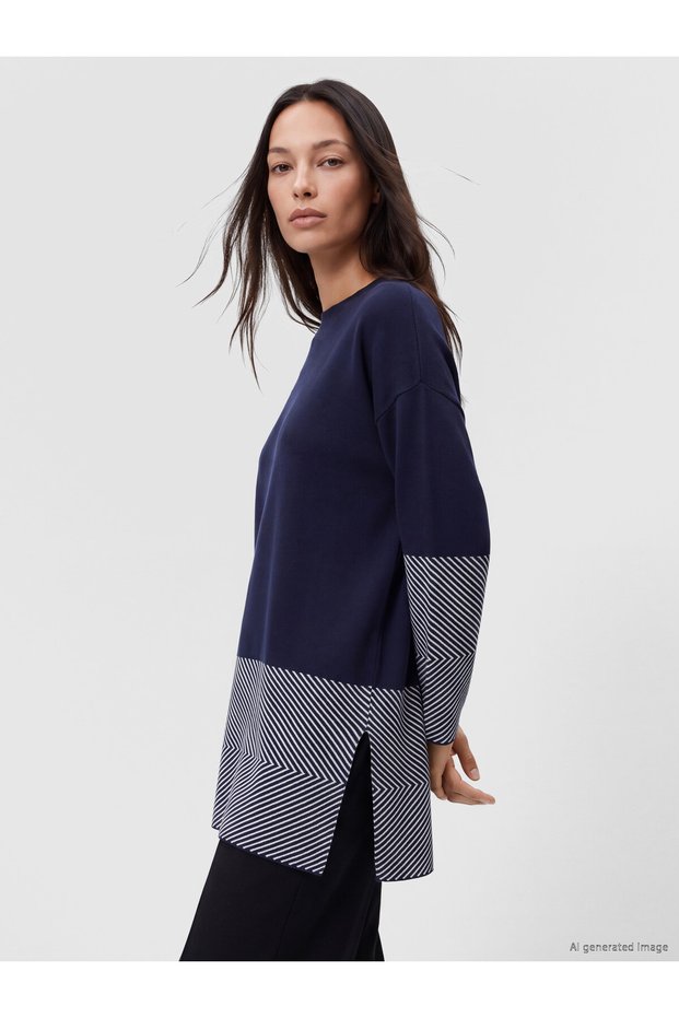 Ozmarka New Season Navy Blue Crew Neck Patterned Women's Knitwear Sweater